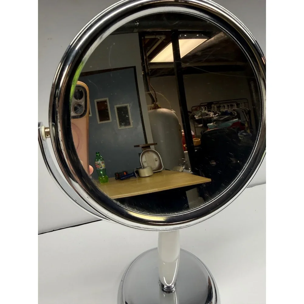 Vintage Chrome Swivel Vanity Mirror Double Sided Magnifying White Ceramic Stem